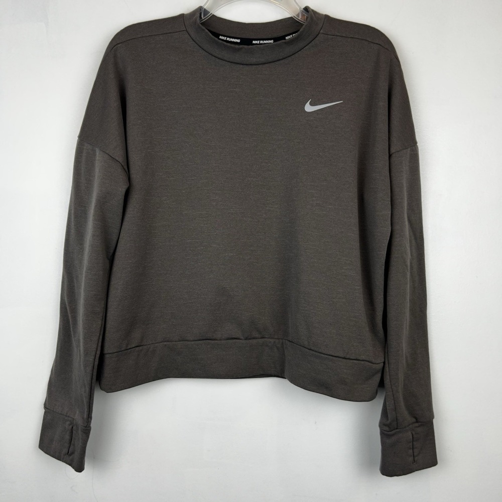 Nike Sweatshirt Womens S Cropped Crewneck Brown Oversized Side Logo Minimalist